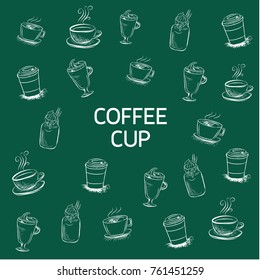 Hand drawn sketch style. Sack with coffee beans with wooden scoop, cup, branch with leaf and berry .Coffee cup is hot . vintage paper cup of coffee takeaway Menu for restaurant, cafe, bar.

