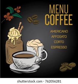 Hand drawn sketch style. Sack with coffee beans with wooden scoop, cup, branch with leaf and berry .Coffee cup is hot . vintage paper cup of coffee takeaway Menu for restaurant, cafe, bar.

