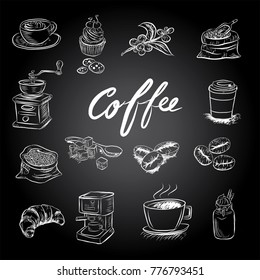 Hand drawn sketch style. Sack with coffee beans with wooden scoop, cup, branch with leaf and berry .Coffee cup is hot . vintage paper cup of coffee takeaway Menu for restaurant, cafe, bar.
