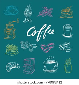 Hand drawn sketch style. Sack with coffee beans with wooden scoop, cup, branch with leaf and berry .Coffee cup is hot . vintage paper cup of coffee takeaway Menu for restaurant, cafe, bar.