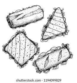 Hand drawn sketch style sanwiches set. Top view. Submarine, ciabatta, triangle and rectangular sanwiches with lettuce leaves, ham and veggies. For fast food restaurant menu. Vector illustrations.