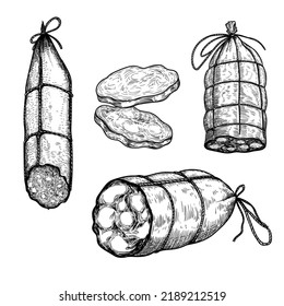 Handgezeichnete Würstchen-Set. Graviertes Fleischgericht. Schinken und Salami-Scheiben. Sammlung von Metzgereien. Leckeres Essen. Vektor köstliche Snacks.