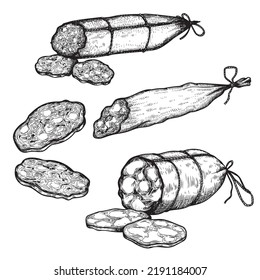 Hand drawn sketch style sausages set. Engraved meat food. Ham and salami slices. Butchery products collection. Tasty meal. Vector delicious snacks.