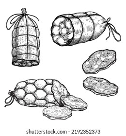 Hand drawn sketch style sausages set. Engraved meat food. Ham and salami slices. Butchery products collection. Tasty meal. Vector delicious snacks.