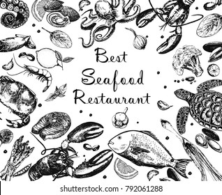 Hand drawn sketch style seafood with vegetables and fruits. Vector illustration.