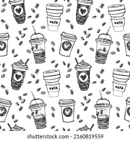 Hand drawn sketch style seamless pattern with coffee to go cups various shapes with drinking straws and hearts. Monochrome vector background.