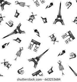 Hand drawn sketch style seamless pattern of France themed objects. Vector illustration.