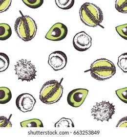 Hand drawn sketch style seamless vector pattern of tropical fruits.
