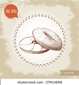 Hand drawn sketch style sesame bagel with cream cheese. Daily fresh bakery illustration. Vintage drawing of fresh breakfast.