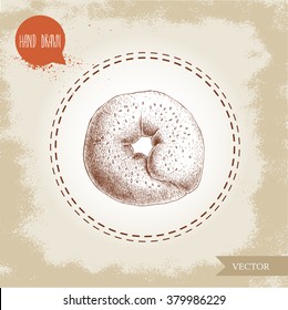 Hand Drawn Sketch Style Sesame Bagel Top View. Daily Fresh Bakery Illustration. Vintage Drawing.