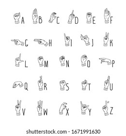 Hand drawn sketch style set of deaf-mute alphabet with hand gestures. Mute language. Vector illustration. 