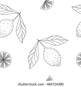 Hand drawn sketch style set of lemon fruit with leafs and sliced lemon. Seamless pattern, isolated on white background