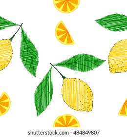 Hand drawn sketch style set of lemon fruit with leafs and sliced lemon. Seamless pattern in color, isolated on white background