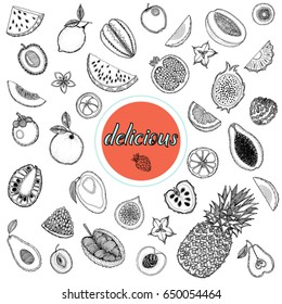 Hand drawn sketch style set of exotic fruits isolated on white background. Vector illustration.