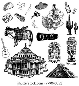 Hand drawn sketch style set of Mexican themed landmarks, food, drink, objects. Vector illustration isolated on white background.