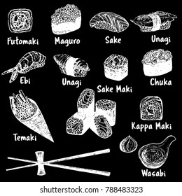 Hand drawn sketch style set of sushi. Vector illustration isolated on black background.