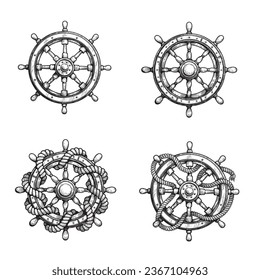 Juego de cascos de barco con estilo de boceto dibujado a mano. Símbolos náuticos originales con cuerda. Estilo retro vintage. Ilustraciones vectoriales aisladas en blanco.