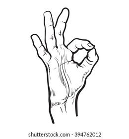 Hand drawn in a sketch style shows OK symbol with your fingers, a black and white illustration