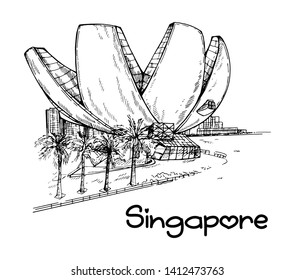 Hand drawn sketch style Singapore city skyline with ArtScience Museum isolated on white background. Vector illustration.