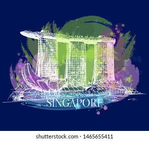 Hand drawn sketch style Singapore Marina Bay city skyline. Isolated vector illustration.