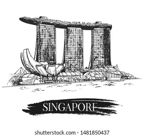 Hand drawn sketch style Singapore Marina Bay city skyline isolated on white background. Vector illustration.