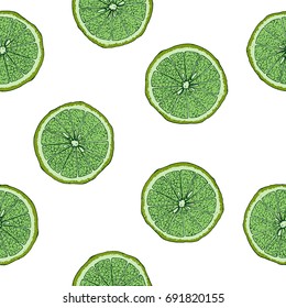 Hand drawn sketch style sliced bergamot seamless pattern. Color illustration.
