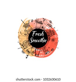 Hand drawn sketch style smoothie with fruits. Vector illustration. Isolated objects.
