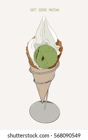 hand drawn sketch style soft serve ice cream. Ice cream cone. Matcha green tea flavor. 