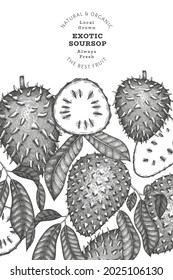 Hand drawn sketch style soursop fruit banner. Organic fresh fruit vector illustration. Retro guanabana design template