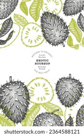 Hand drawn sketch style soursop fruit banner. Organic fresh fruit vector illustration. Retro guanabana design template