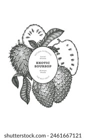 Hand drawn sketch style soursop fruit banner. Organic fresh fruit vector illustration. Retro guanabana design template