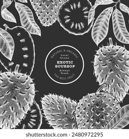 Hand drawn sketch style soursop fruit banner. Organic fresh fruit vector illustration on chalk board. Retro guanabana design template