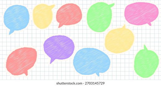 Hand drawn sketch style speech bubbles with chalk pencil texture on squared notebook paper, comic talk frames vector illustration with grunge style for design and communication