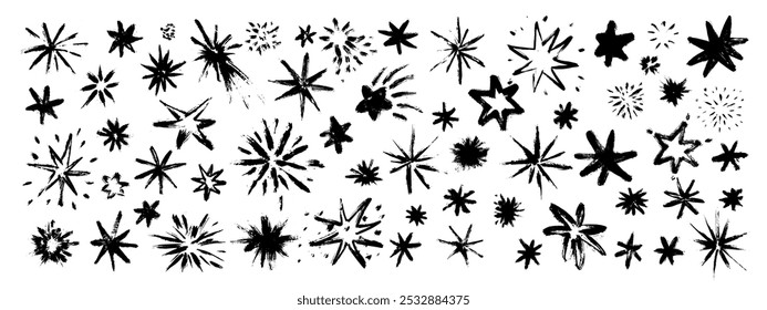 Formas de estrela de estilo de esboço desenhado à mão. Estilo infantil, estrelas de doodle infantis com brilho, brilhantes.  Silhuetas de explosão solar. Céu noturno, espaço, símbolos do universo. Ícones mágicos.