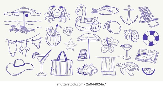 Hand drawn sketch style summer vacation collection. 