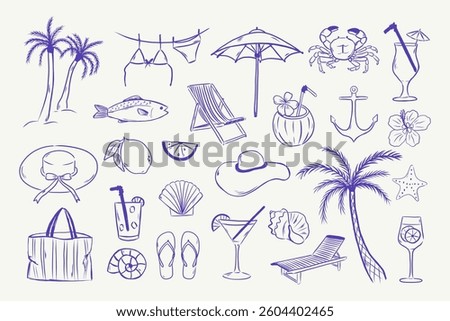 Hand drawn sketch style summer vacation collection. 