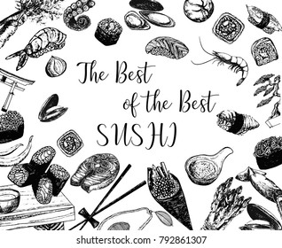 Hand drawn sketch style sushi composition. Vector illustration.