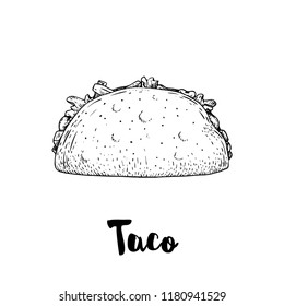 Hand drawn sketch style taco. Traditional mexican fast food illustration. Vector drawing isolated on white. Great for restaurant menu, package design and posters.