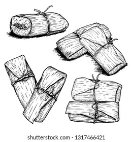 Hand drawn sketch style tamales set. Single and group.  Traditional mexican food. Vector food collection. Isolated on white background.