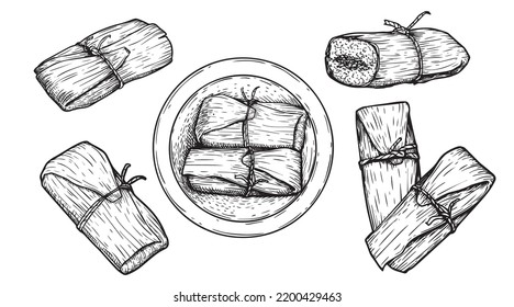 Hand drawn sketch style tamales set. Single and group. Traditional mexican food. Vector food collection. Isolated on white background.