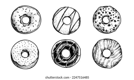 Hand drawn sketch style tasty donuts set. Sweet desserts collection. Best for posters, menu designs and packaging. Vector illustrations.