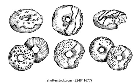 Dibujo a mano estilo boceto delicioso conjunto de donuts. Colección de postres dulces. Mejor para carteles, diseños de menús y empaque. Ilustraciones vectoriales.