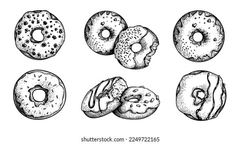 Hand drawn sketch style tasty donuts set. Sweet desserts collection. Best for posters, menu designs and packaging. Vector illustrations.