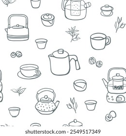 Hand drawn sketch style teapots, cups and puerh tea balls seamless pattern