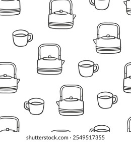 Hand drawn sketch style teapots and cups seamless pattern