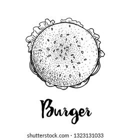 Hand drawn sketch style top view of burger. Fast, street food. Cheeseburger with lettuce, tomato, onion and beef cutlet. Retro vintage style drawing. Vector illustration for menu and package design.  