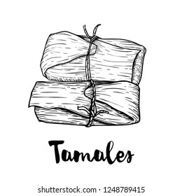 Hand drawn sketch style traditional mexican food tamales. Top view.  Retro craft mexican cuisine vector illustration. Best for restaurant menu designs, flyers and banners.