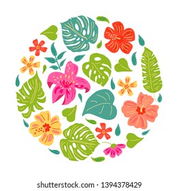 Hand drawn sketch style tropical flowers and exotic leaves. Circle concept. Vector illustration for t-shirt desing, invitation, flyer, poster, banner, web. Design element isolated on white backgroud.