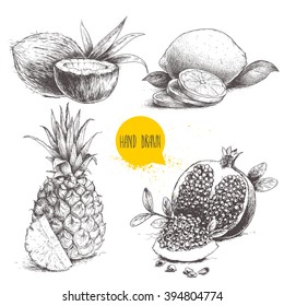 Hand Drawn Sketch Style Tropical Fruits Set Isolated On White Background. Slice Of Lemon With Leaf, Half Of Coconut, Pineapple And Pomegranates With Seeds. Tropic Food Drawing.