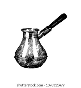 Hand drawn sketch style Turkish cezve pot isolated on white background. Vector illustration.